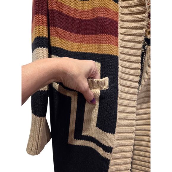 PENDLETON Harding Open Front LONG Cardigan Sweater Aztec Cotton Wool Women's L - Picture 6 of 12